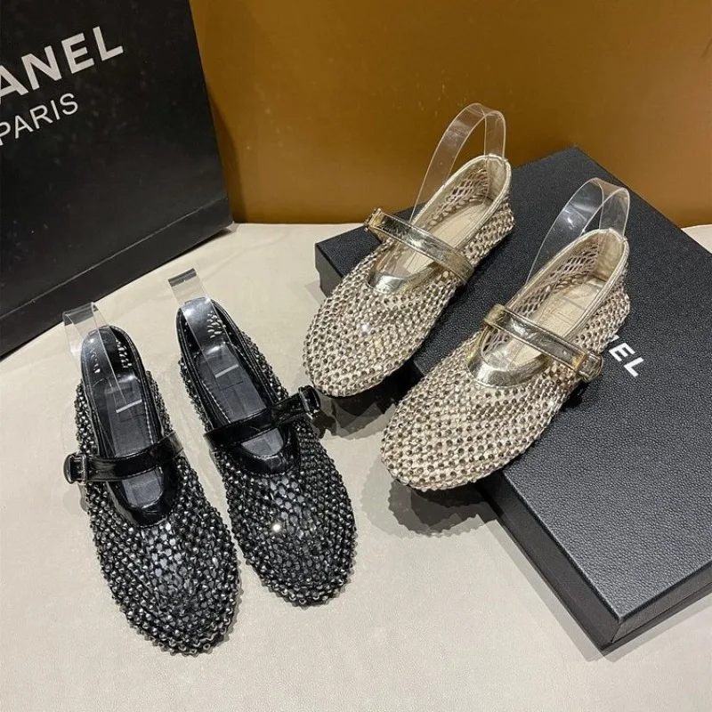 Sandalias planas de Ballet de malla para mujer, zapatos planos nuevos, cómodos, con punta redonda, tendencia de bailarina, sandalias informales transpirables para caminar