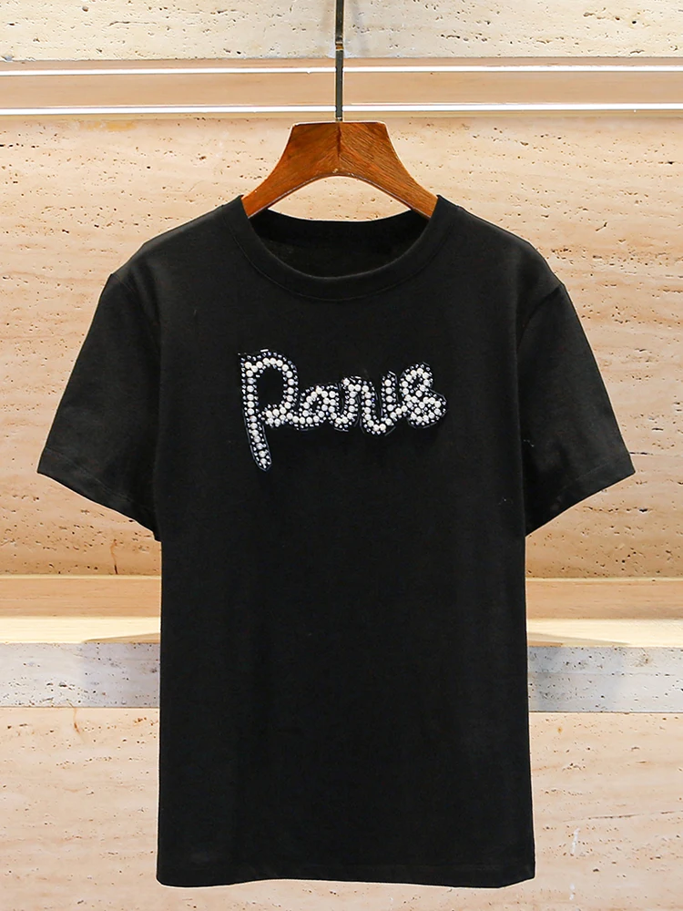 

Maje Migi Spring 2025 Premium Women's ort Sve T-irt Letter Embellied Top Commute Sle Loose Fit round Ne Pure Color