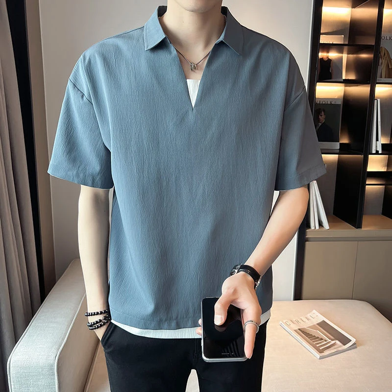 Fake Two V Neck Men Short Sleeve Sweatshirt Summer Fashion Spliced Contrast Color Oversized Polo T Shirt Casual Business Clothes