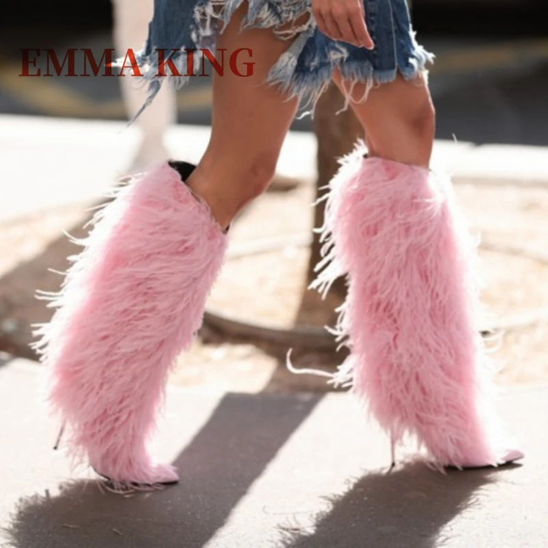 Women's Fluffy Heeled Boots Sexy Pointy Toe Slip-On Knee High Boots Faux Fur Boots Female Evening Party Stylish Tassels Shoes