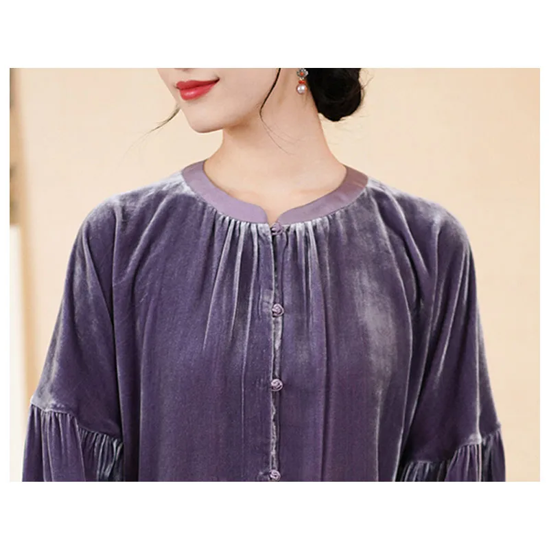 Silk Velvet Shirt for Women, Elegant Temperament Shirt, Mulberry Silk, Vintage Blouse, Violet Light, Comfortable, Spring Autumn