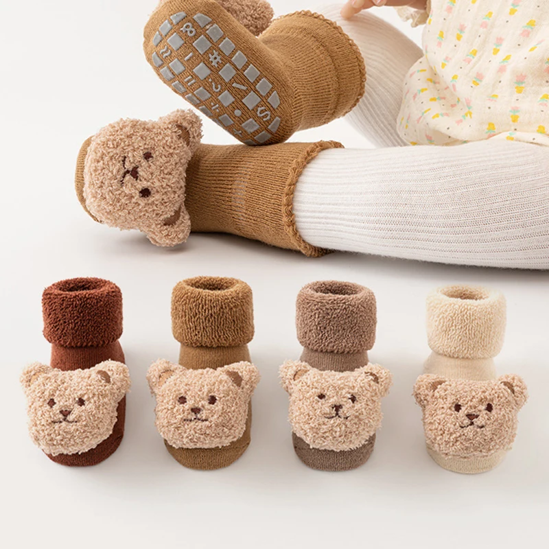 Baby Thick Floor Socks Mid-calf Length Sock Soft Winter Warm Thick Non Slip Cartoon Little Bear Head Toddler Newborn Crew Socks