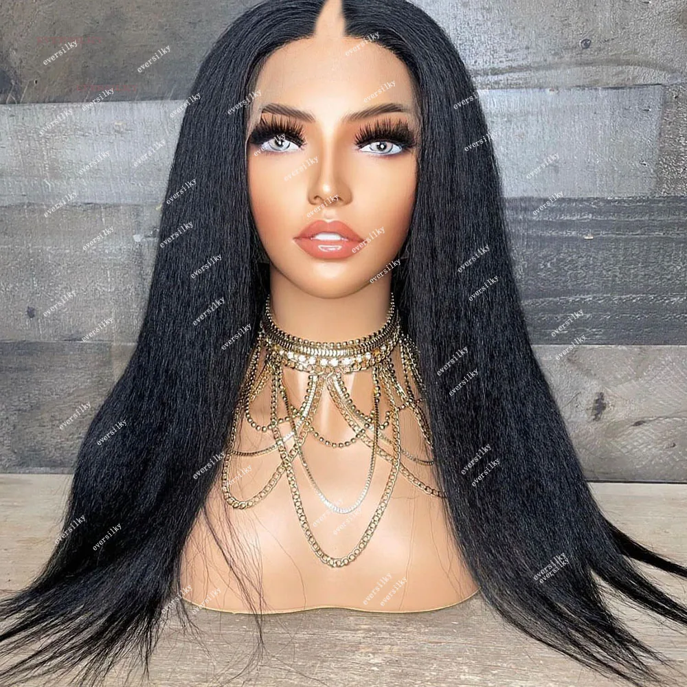 Light Yaki Straight V Part Wigs Unprocessed Black Natural Kinky Straight Human Hair Wig U Shape Dark Brown Full End 250Density