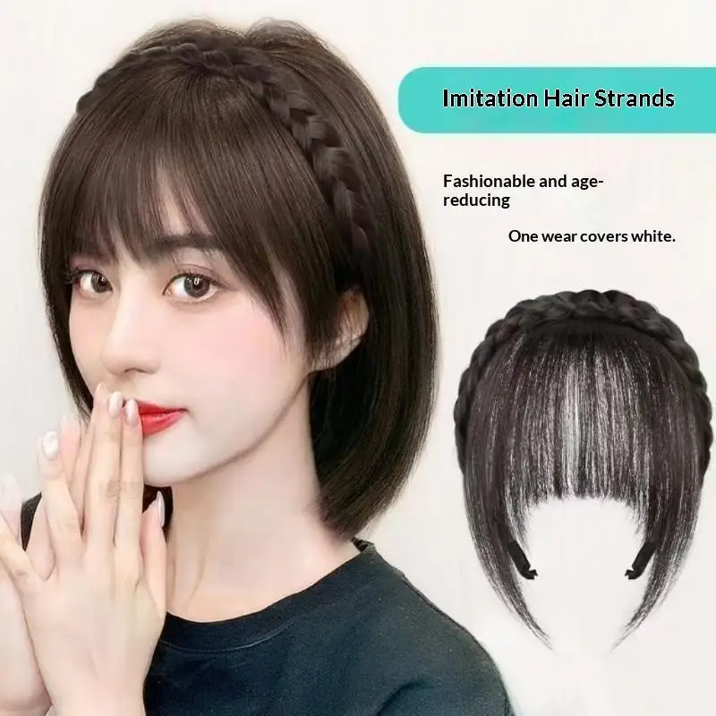 Braided Hair Band With Bangs Synthetic Fringe Headband Wig Natural Hair Color Invisible Hairpiece For Daily Makeup Party Decor - view 3