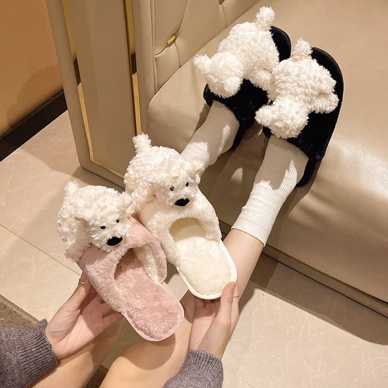 Winter new scribbled West Highlands cute warm home women's shoes cartoon puppy doll non-slip thick-soled plush cotton slippers