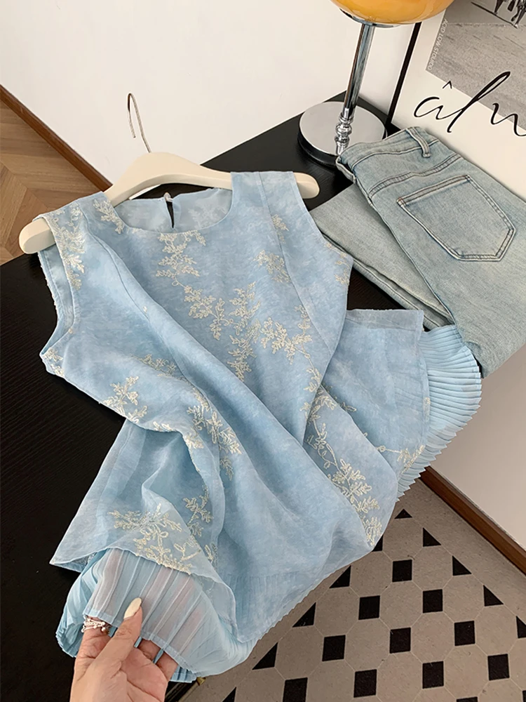 

Новая китайская вышитая майка с круглым вырезом для женщин, летняя, свободного кроя, стройнящая, удобная, для верхней части тела