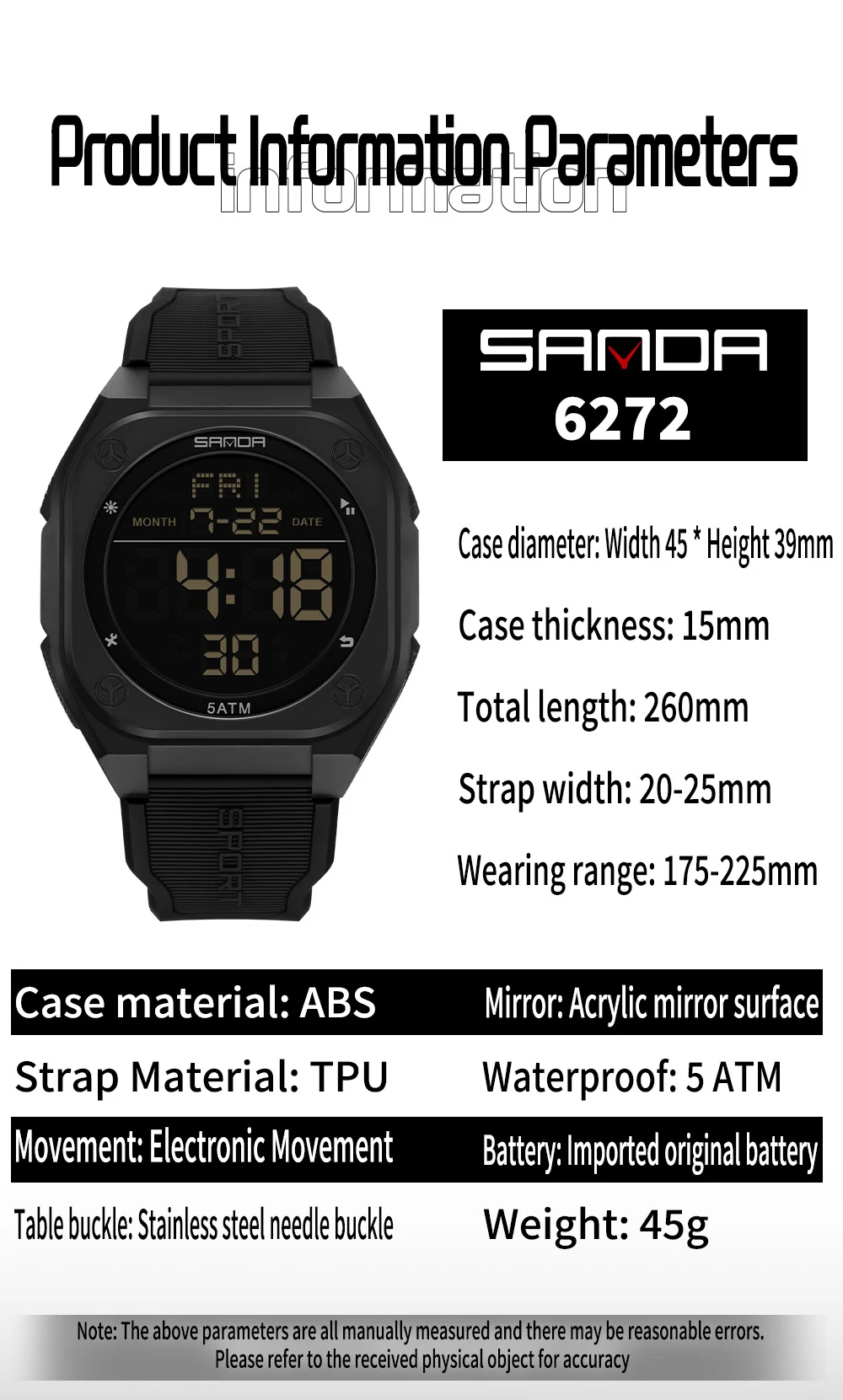 SANDA 6272 Digital Watch Multi-function Alarm Clock Luminous Waterproof Silicone Wristwatch Casual Students Electronic Watches