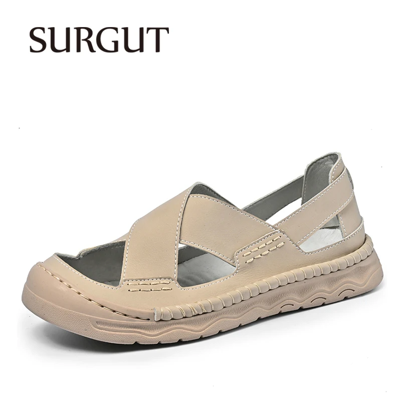 

SURGUT Casual Men's Summer Beach Sandals Round Toe Slip-On Rubber Sole Microfiber Stitched Breathable Footwear