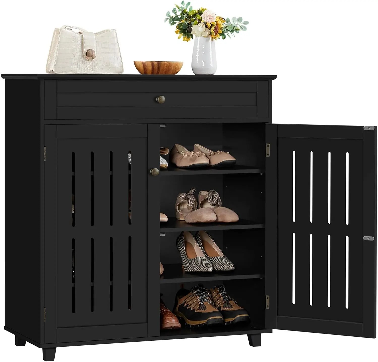 Topeakmart Wood Shoe Cabinet, Floor Storage Container with 4 Storage Shelves for Entryway Bathroom Living Room