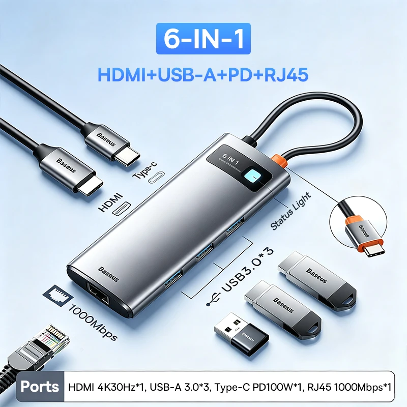 Baseus USB-C Hub HDMI 4K 60Hz 6-in-1 Adapter Snelle 10Gbps USB 3.2 Splitter Type-C PD100W met RJ45 voor Laptop Macbook Pro Air Hub