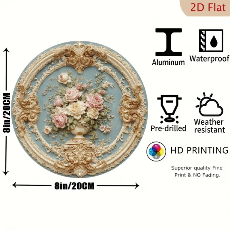 Baroque Floral Bouquet Round Metal Wall Art, 1pc 2D Flat Vintage Decor Tin Plaque, 20x20 Elegant Flower Hanging Sign for Room