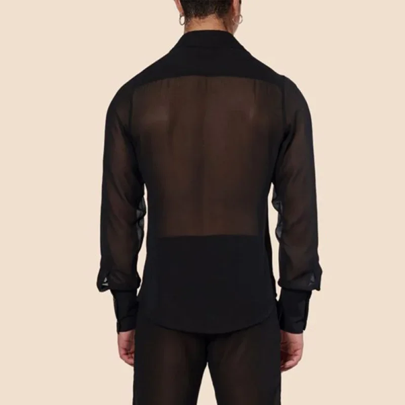 Men's mesh see through mesh Sexy plain buttoned long sleeve shirt Vintage Streetwear retro party tops S-XL