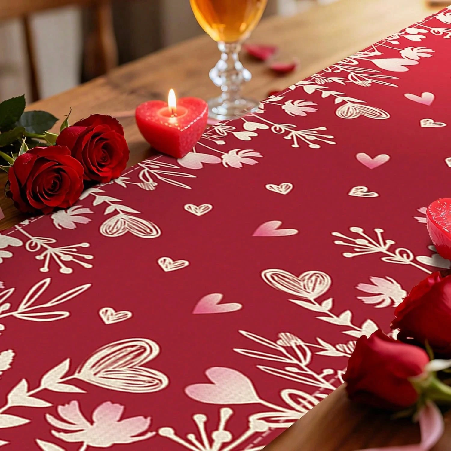 1pc Valentine's Day Heart & Floral Red Table Runner,  Suitable For Anniversary, Home Dining, Wedding Party Decor