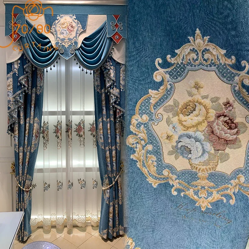 

European High-end Blue Thickened Chenille Jacquard Blackout Curtains for Living Room Bedroom French Window Villa Customization