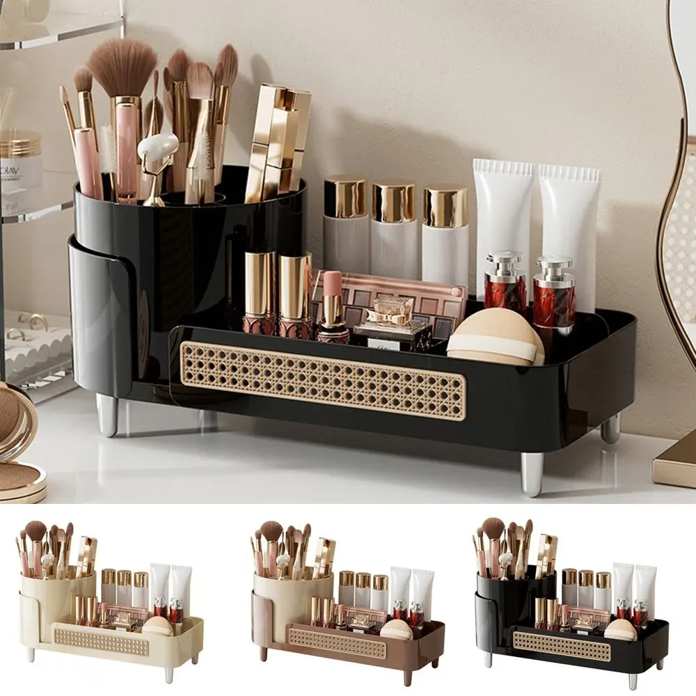 Plastic Rotatable Compartment Makeup Tube Large Capacity Space Saving Cosmetics Storage Box Beige Makeup Brush Storage Holder