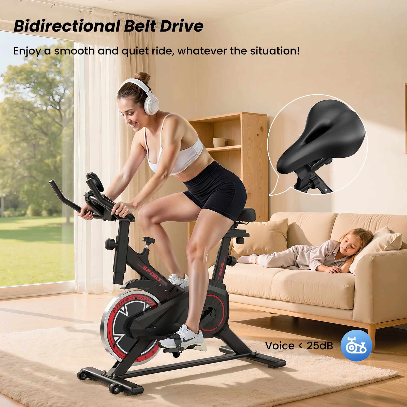 Formill DC001A & DC002A – magnetisches, stationäres Heimtrainer-Fahrrad, Indoor-Cycling-Fahrrad mit 8 kg schwerem Schwungrad, LCD-Monitor, verstellbarer Sitz und Tablet-Halterung für das Training im eigenen Fitnessraum. – Detail 7