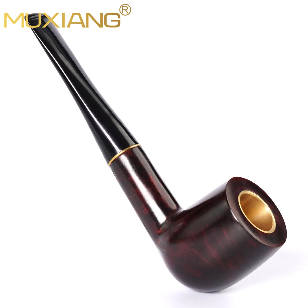 MUXIANG briar handmade tobacco pipe straight handle with ring billiard pipe 9mm pipe channel with copper pot For tobacco smoking