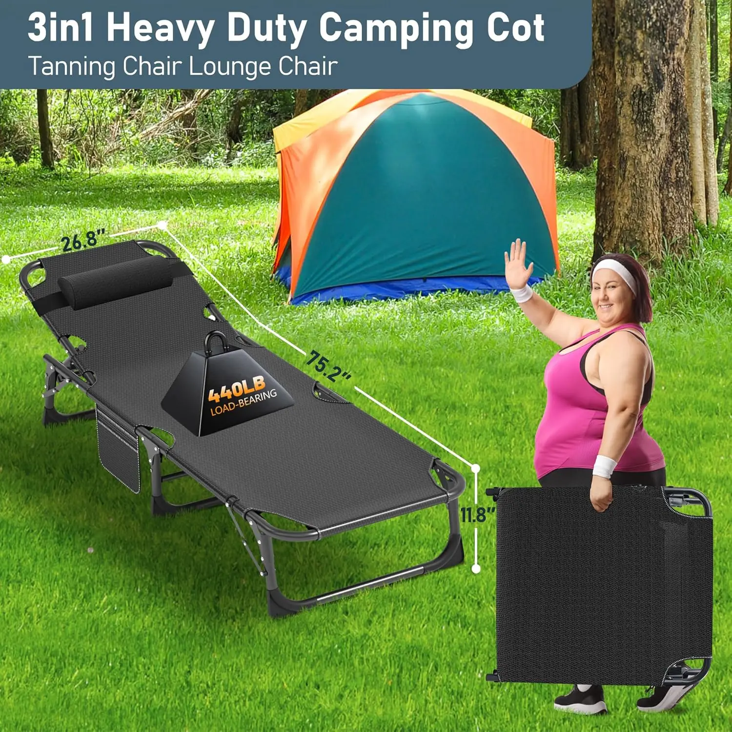 5 Positions Camping Cots for Adults,Outdoor Folding Sleeping Cot/Mat,Folding Chaise Lounge Chair with Pillow,Portable Reclining