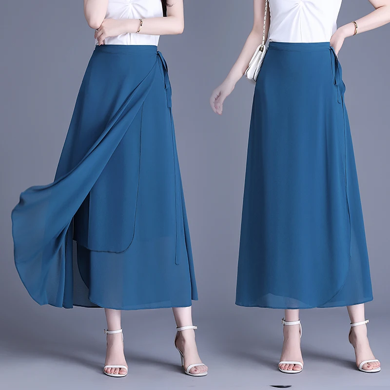 

Ele High Waist A-Line Skirt Long Chiffon f-length Women's Summer New Sle Korean Sle Commute Polyester Fiber