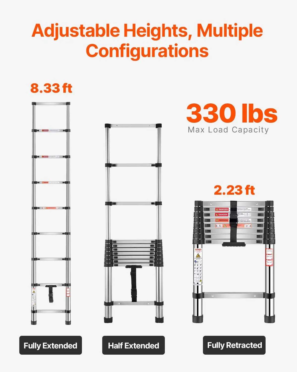 

Telescoping Ladder, 8.5ft Stainless Steel Lightweight Extension Ladder, Multi-Button Retraction Collapsible Ladders, 330LBS Capacity & Non-Slip Feet, Portable 9-Step Ladders for Home, RV, Loft