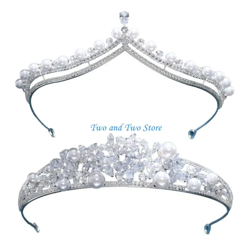 

HX6F Wedding Bridal Crowned Headdress Sparkling Rhinestones And Pearls Headband Props