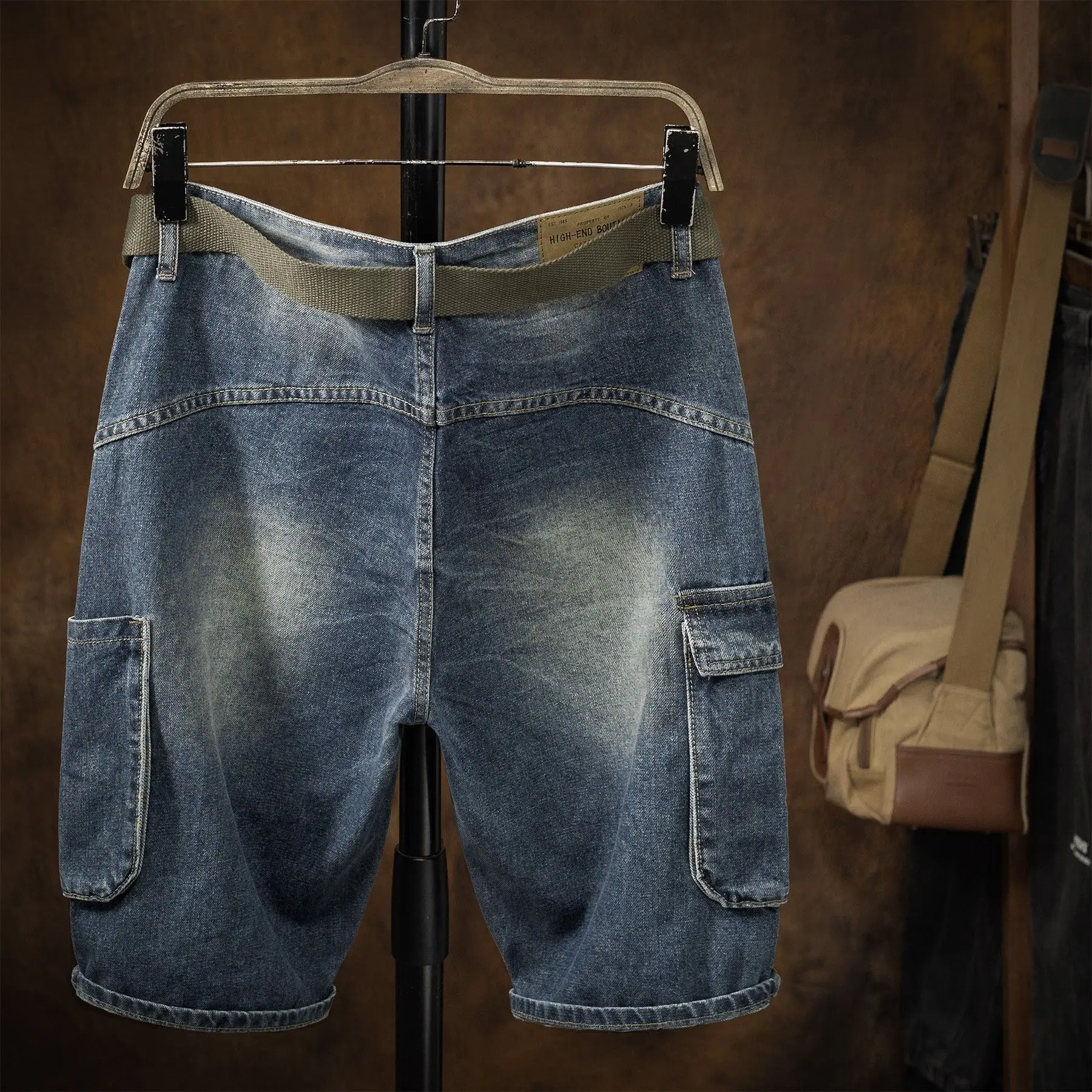 Summer Thin Multi-pocket Denim Shorts Men's Tooling Multi-pocket Half Pants Straight Loose Elastic Trend Cargo Cowboy Pants
