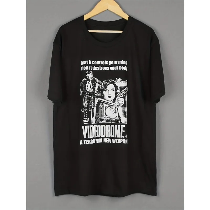 Men's Videodrome T-shirt - David Cronenberg 80s Horror Movie Pattern T-shirt with Videodrome Text and TV Program Design