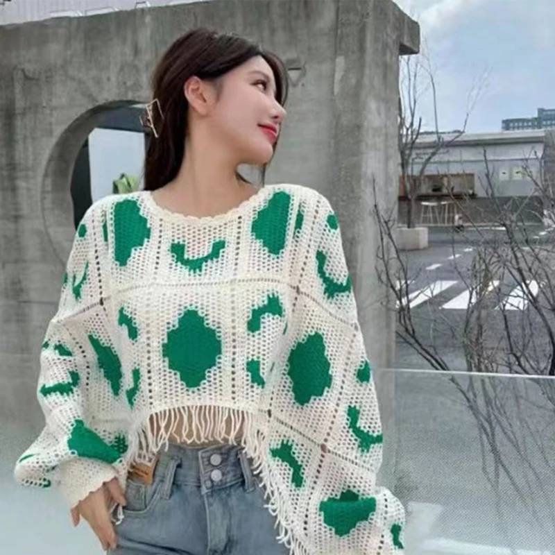 Áo crop top dệt kim Y2K nữ móc áo sơ dài tay khoét rỗng Áo len