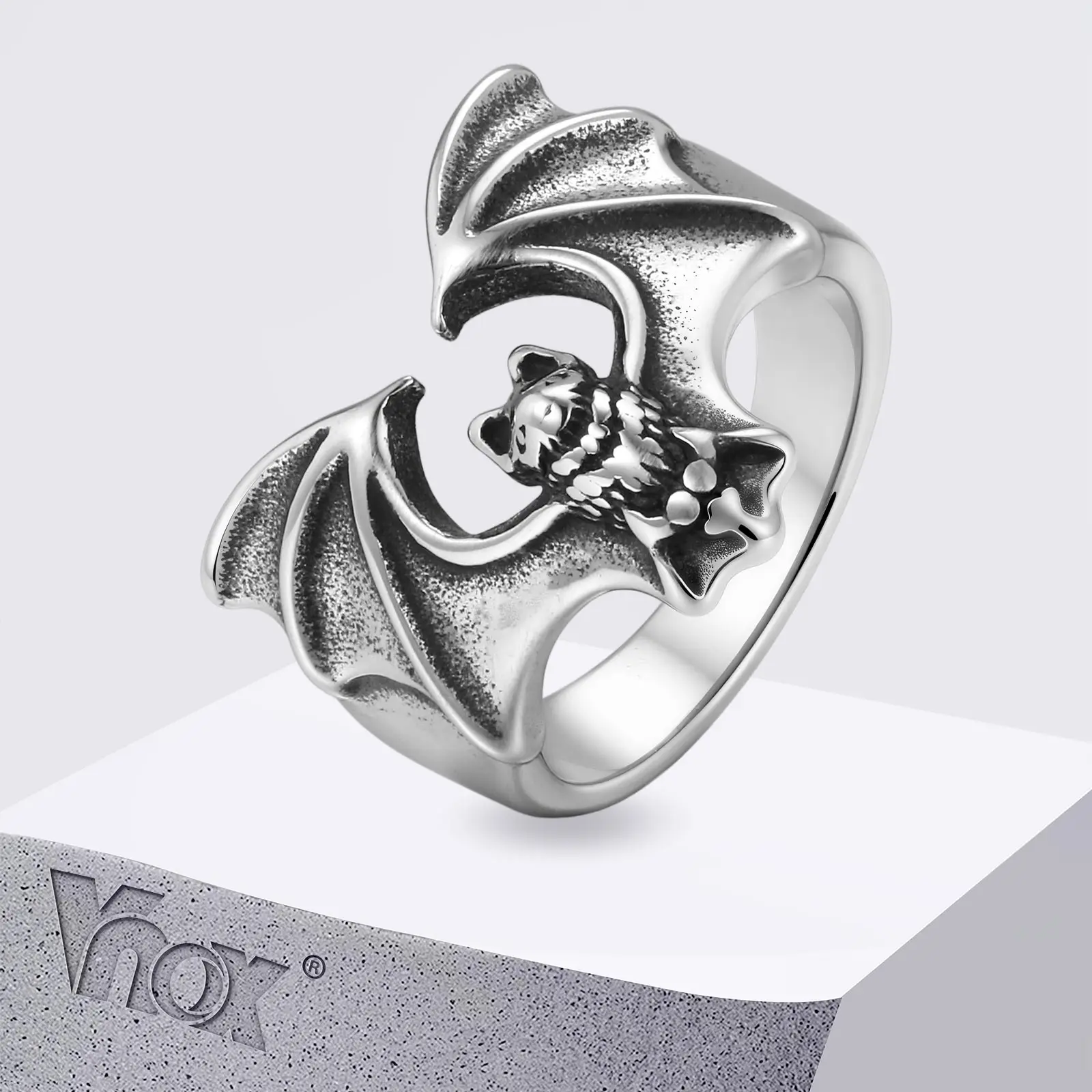 Vnox Stainless Steel Bat Open Rings for Men Boys, Gothic Punk Statement Ring Party Jewelry Gifts for Father Dad Husband Son Him