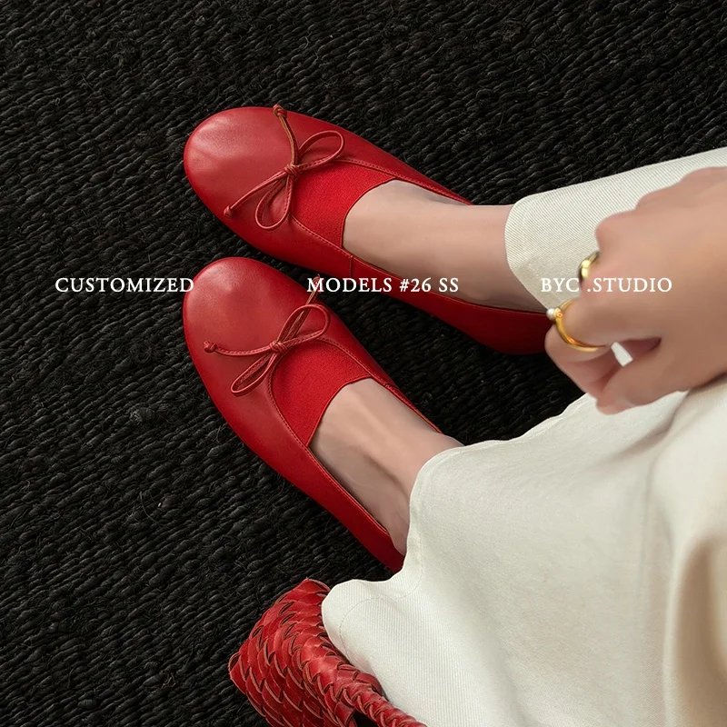 2026 new spring autumn women pumps natural leather 22-25.5cm soft sheepskin+stretch fabric round toe butterfly-knot women shoes