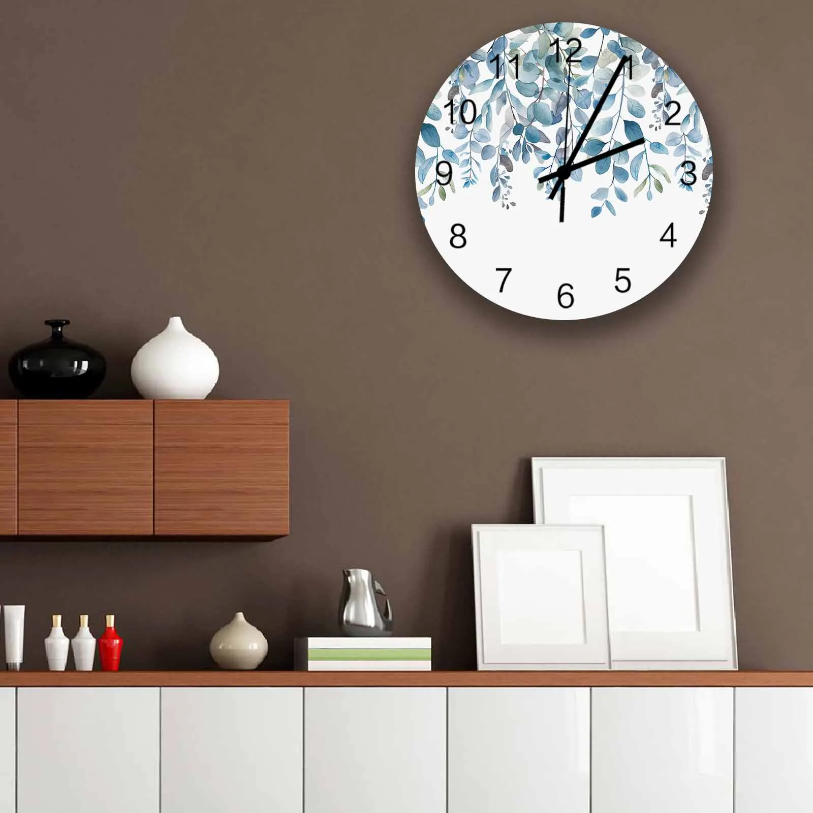 

Blue Leaved Eucalyptus Leaf Plant Wall Clock Large Modern Kitchen Dinning Round Wall Clocks Bedroom Silent Hanging Watc