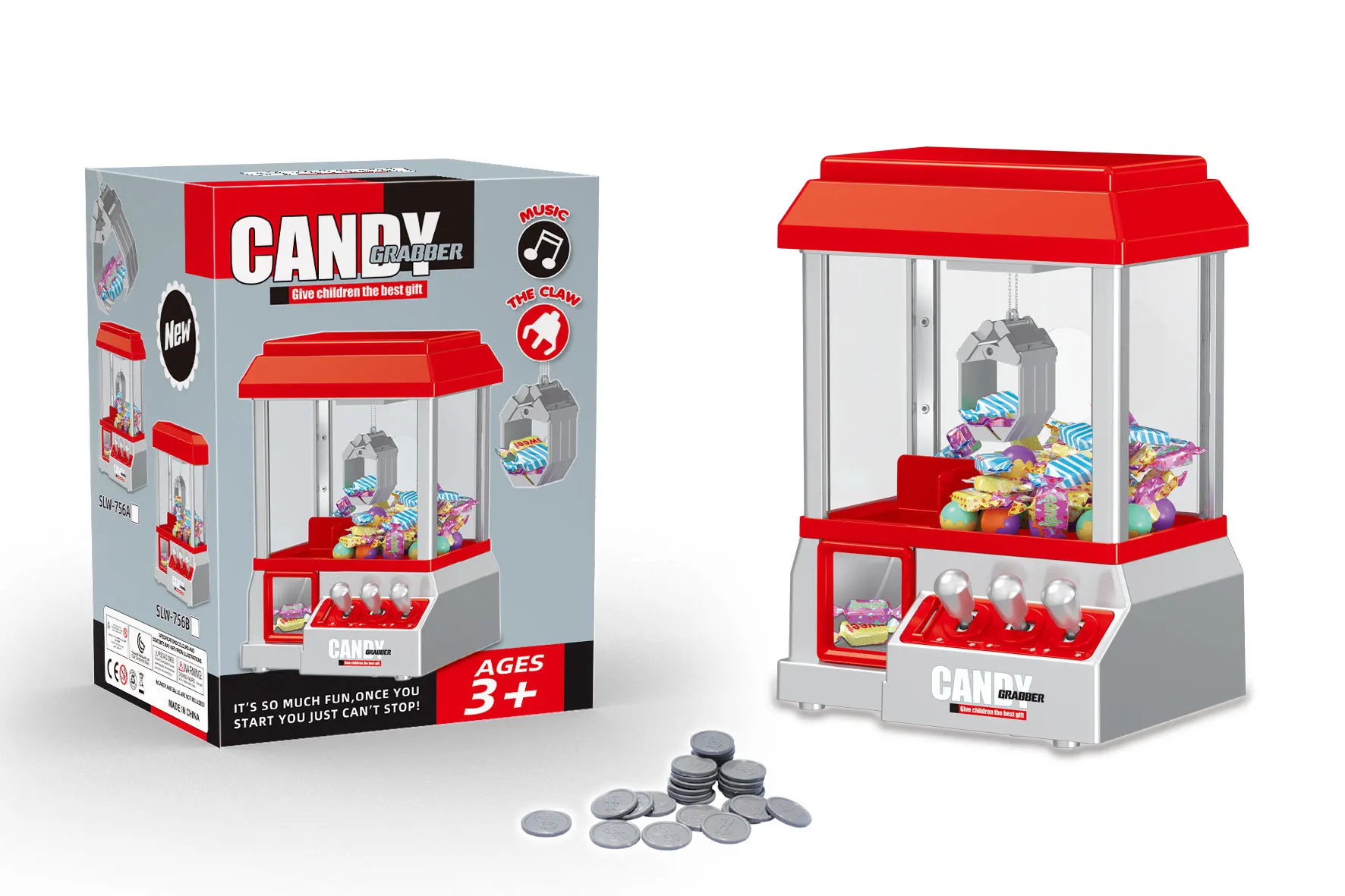 STLF Coin-Operated Mini Home Candy Crane Machine Toy Kids Pretend Play with Amusement Function for Ages 3+