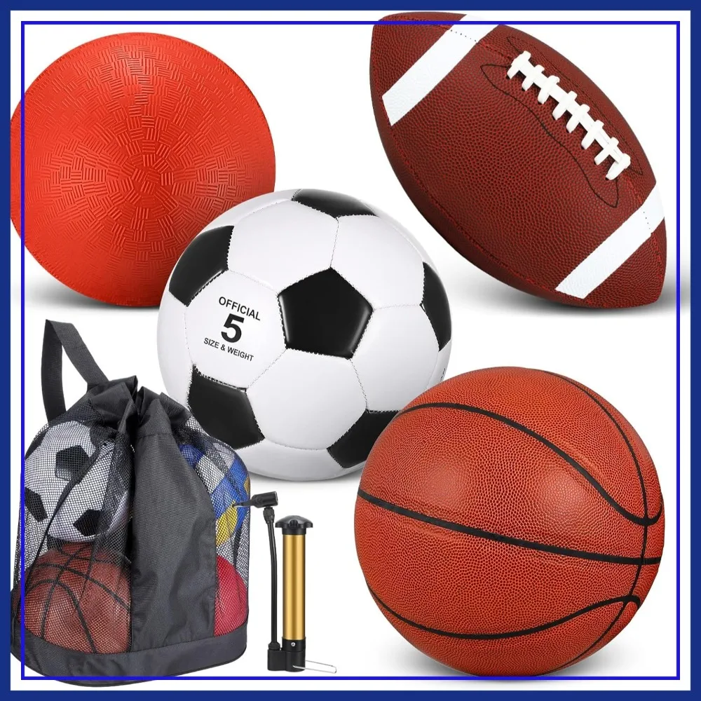 

4 Pcs Sports Balls Set: Basketball, Soccer, Football, Playground Ball with Pump and Bag
