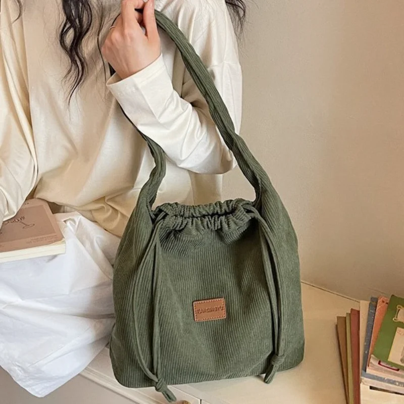 

Women's Shoulder Crossbody Bags 2026 New in Fashion Large Corduroy Drawstring Korean Handbag for Women Green Canvas Travel