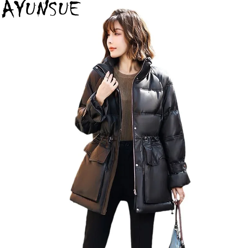 AYUNSUE-Chaqueta de piel de oveja auténtica Para mujer, abrigo holgado con cuello levantado, moda de invierno