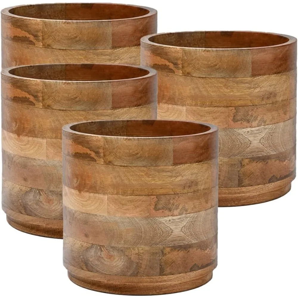Set Cachepot kayu mangga, dengan tinggi 4, 9 inci Diameter & 8.5 inci, cocok untuk tanaman dalam ruangan dalam pot