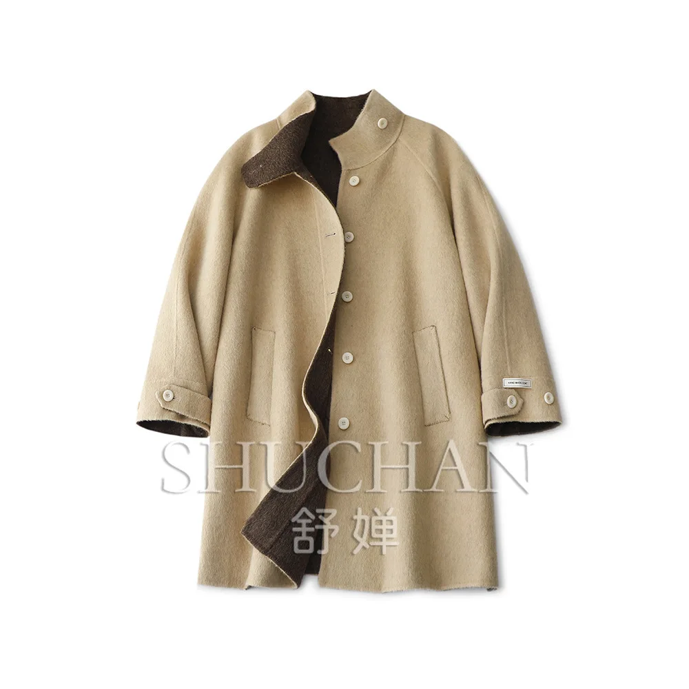 

2024 New Woolen Coat, Australian High-count Wool + Alpaca Fashion Stand-up Collar Medium and Long Autumn Winter