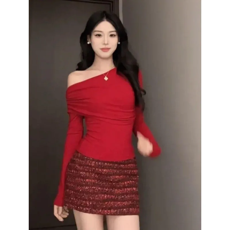 Original Modal Fleece Long Sleeve T-Shirt Shoulder Cutout Autumn Winter Slimming Women's Base Layer Pants Neutral mid Waist