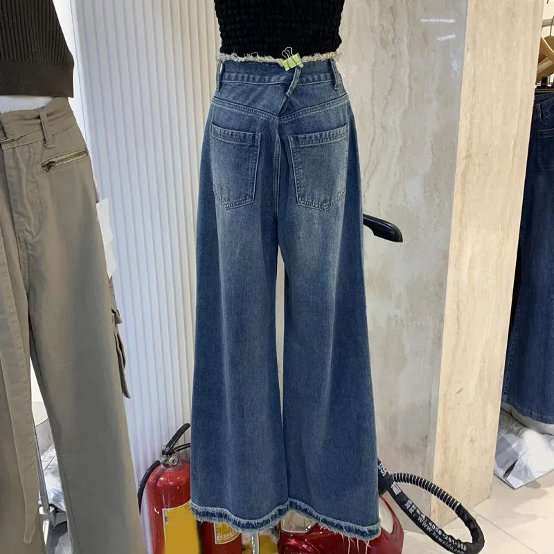 Dames Jeans Wijde Pijpen Denim Wast Hoge Taille Losse Zakken Basics Lange Broek Effen Kleur Lichte Strech 2024