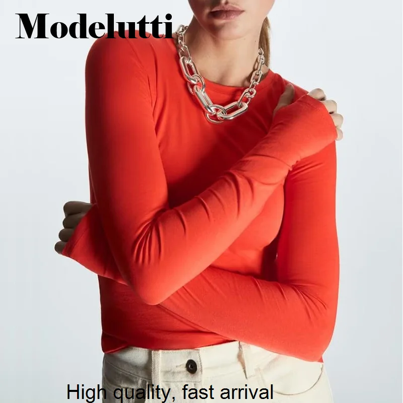 New Autumn 2023 Winter Fashion Long Sleeve Finger Hole Candy Color Slim T-Shirt Solid Simple Casual Basic Tops Women