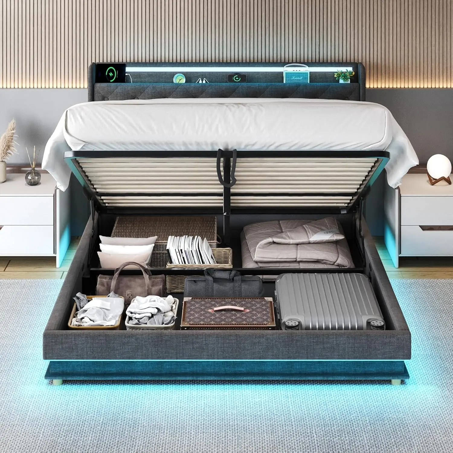 Lift Up Opslag Queen Bed Frame Met Hoofdeinde, Led Verlichting, Queen Bed Met Knop Getuft Hoofdeinde, Geen Boxspring Nodig, Grijs