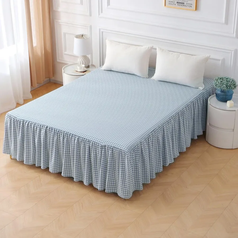 

Blue White Plaid Bed Skirt Washed Cotton Vintage Gingham Checkered Dust Ruffle for Queen Size Bed 18 Drop Ideal for Living Room