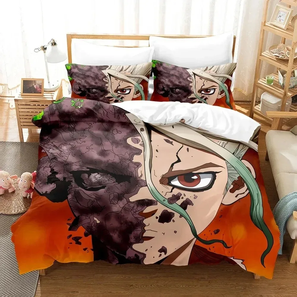 Set tempat tidur Anime Dr.Stone Senku baru dicetak 3D anak laki-laki Perempuan ukuran Ratu kembar penutup sarung bantal tempat tidur anak-anak dewasa tekstil rumah