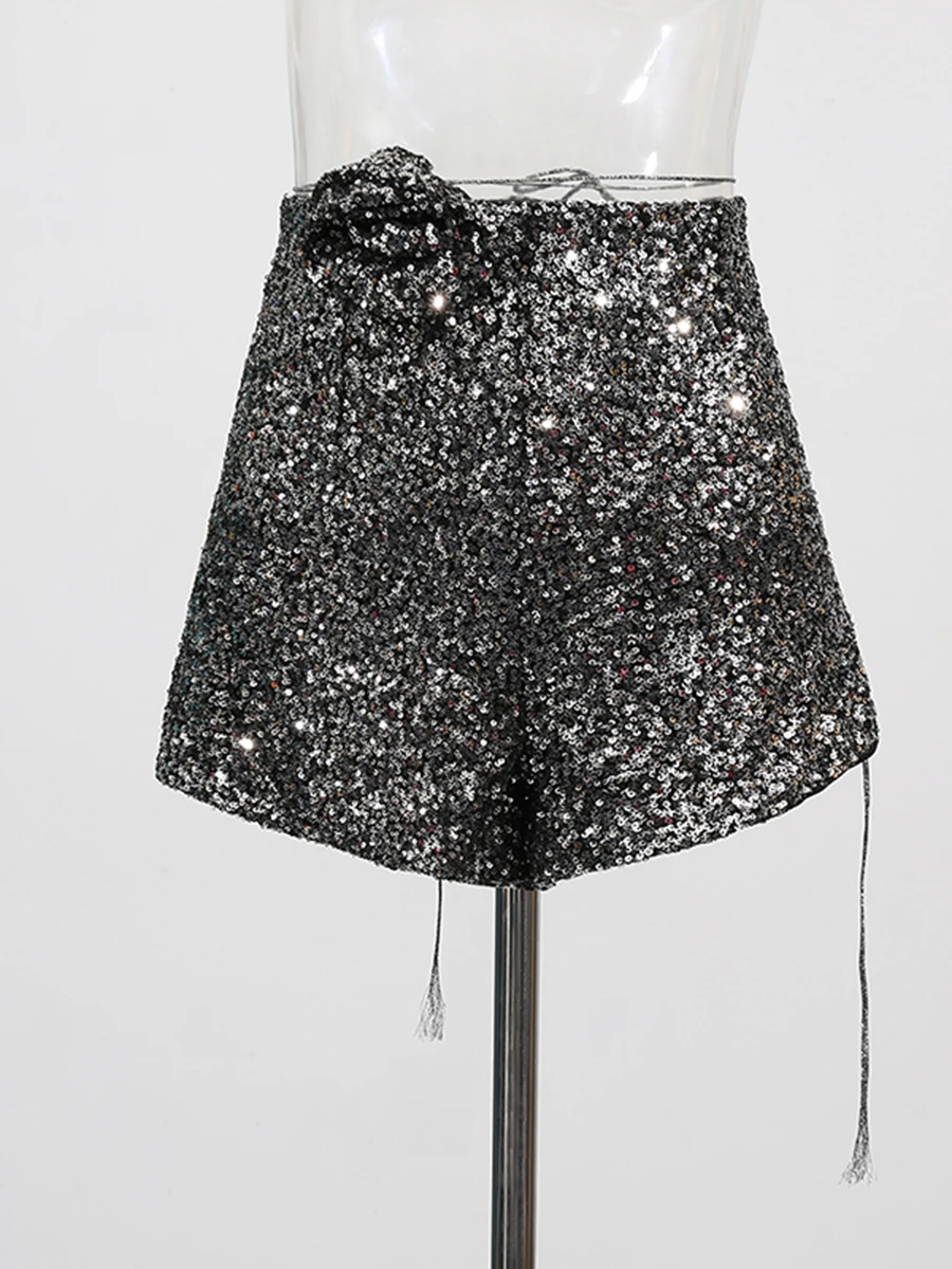CHICEVER Black Patchwork Sequin Women's Pants High Waist Patchwork Flower Lace Up Style Sexy Shorts Female Summer Clothing New