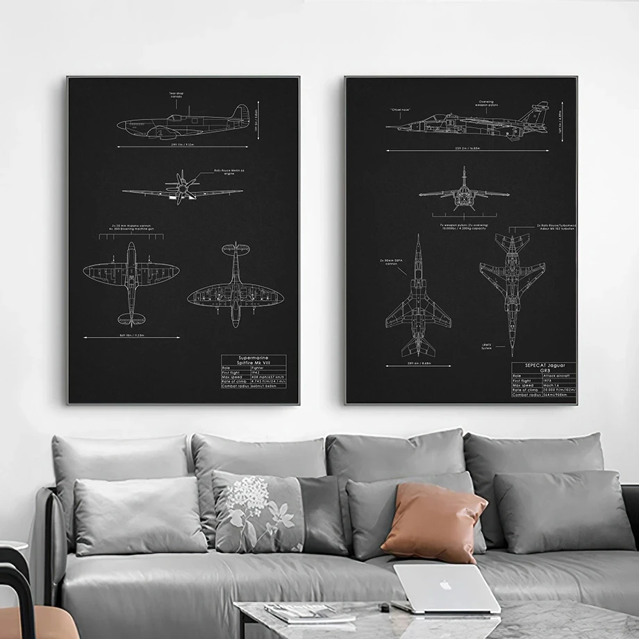 أبيض وأسود طائرة مخطط ملصق ، الحديثة قماش اللوحة ، طائرة مخطط ، الطيران الجدار ، ديكور المنزل ، الطيار هدية #2