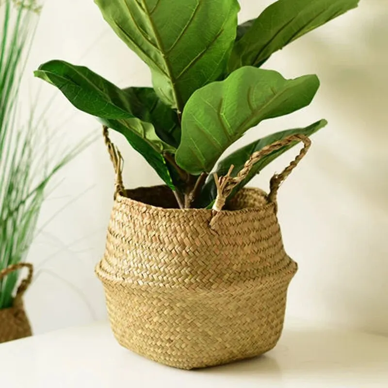 Wicker Basket Toy Organizer Folding Rattan Seagrass Storage Basket Laundry Woven Basket Plant Flower Pot For Home Garden