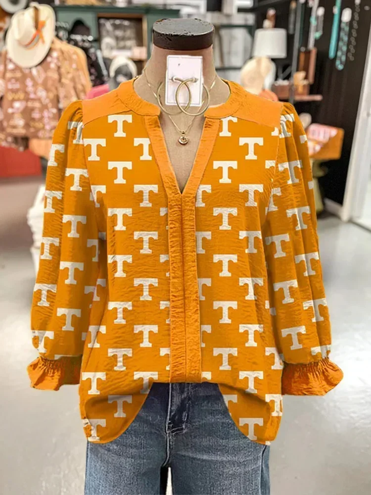 Tennessee Letter Print Pleated V-neck Puff Sleeve Top asual Long Sleeve Blouses Fashion Pullover