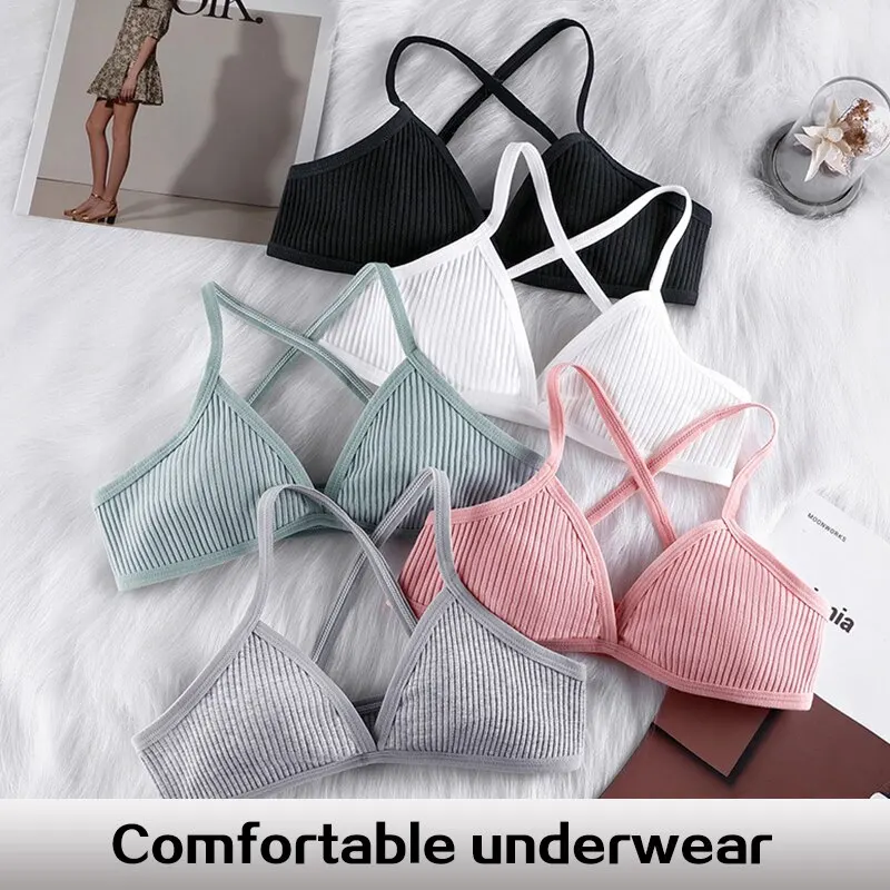 5 Pieces Women Comfort Lingerie Cotton Bras Sexy Deep V Triangle Cup Cross Beauty Bra Thin Sport Ribbed Unlined Bralette