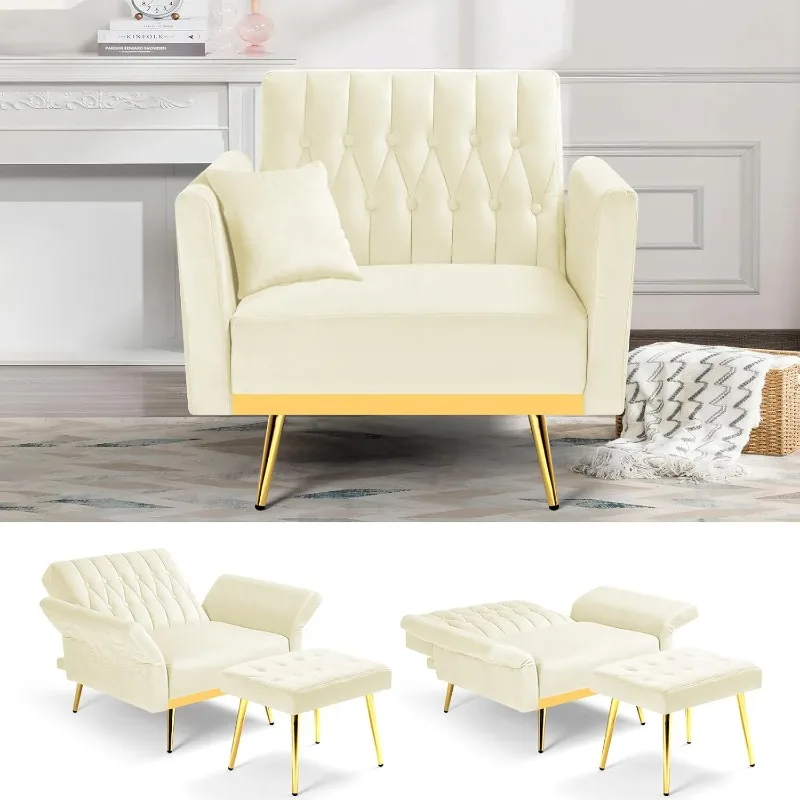 

Velvet Accent Chair with Adjustable Backrest and Armrests, with Ottoman and Golden Mental Legs for Living Room, Bedroom, Beige