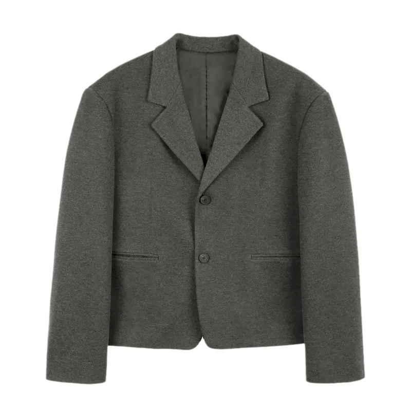 WTHT อินเทรนด์ผู้ชายสีทึบกระเป๋าไหล่ออกแบบ Blazer เสื้อแฟชั่นคู่หัวเข็มขัดเสื้อแขนยาวชาย 2A0603